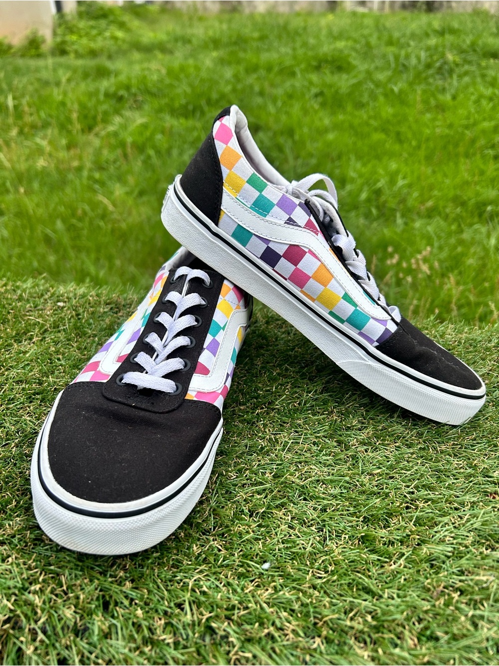 Vans Ward Low Top Skate Shoe Rainbow Checkered Party Check Womens 9 1/2